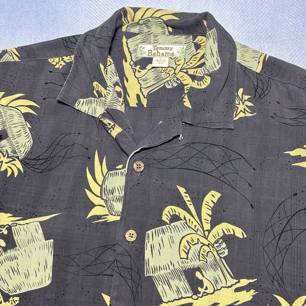 Tommy Bahama‎ Tropical Straw Hut 100% Silk Button Camp Hawaiian Shirt Large